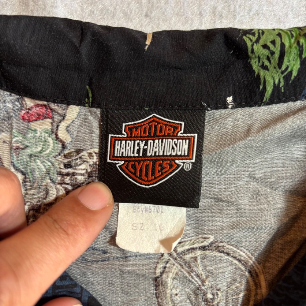 Harley Davidson Boys Hawaiian Button Up Shirt Black Motorcycles Palm Trees Aloha - Picture 3 of 8
